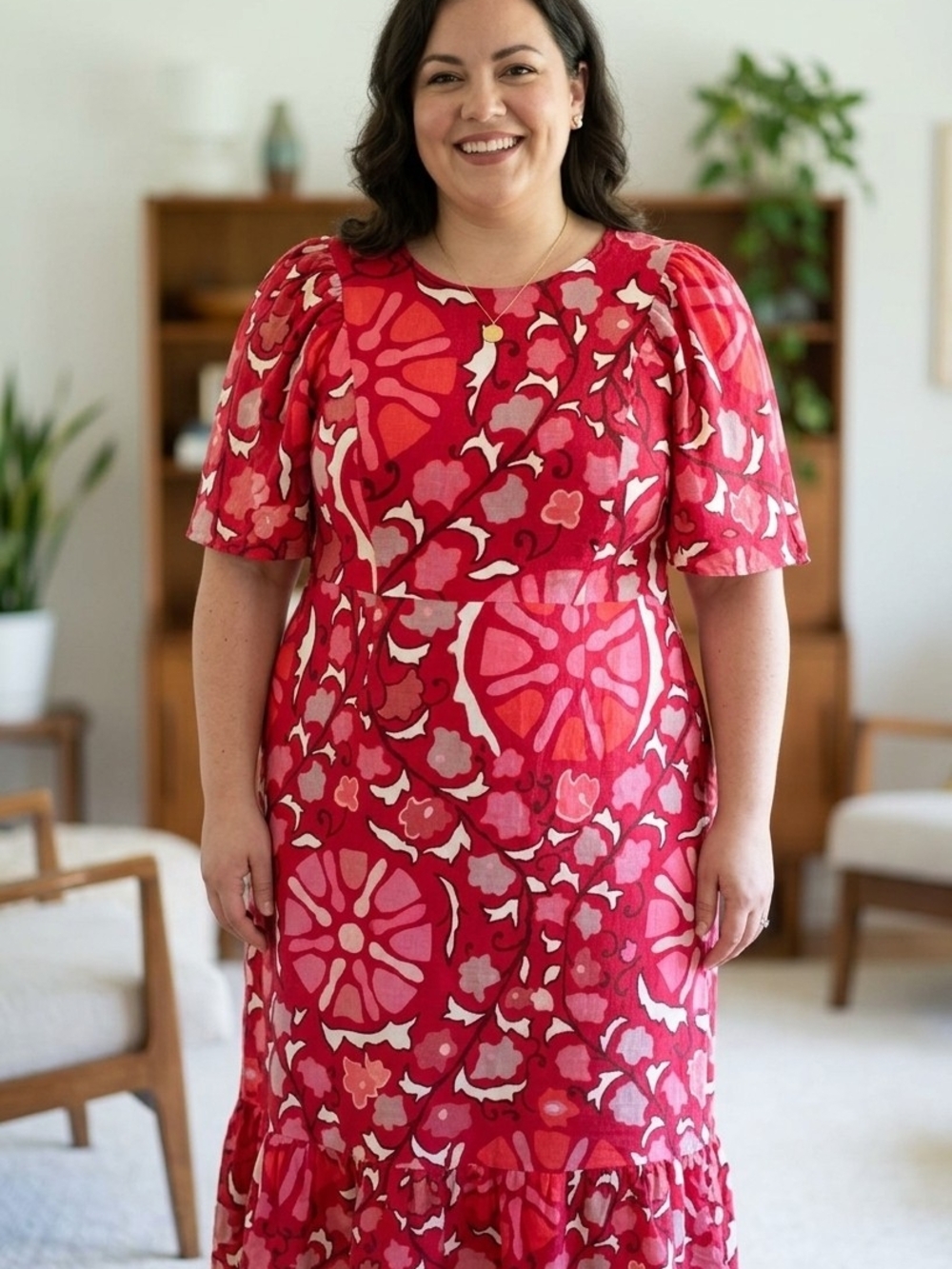 RHODE Linen Blend Red & Pink Floral Puff-Sleeve Midi Dress